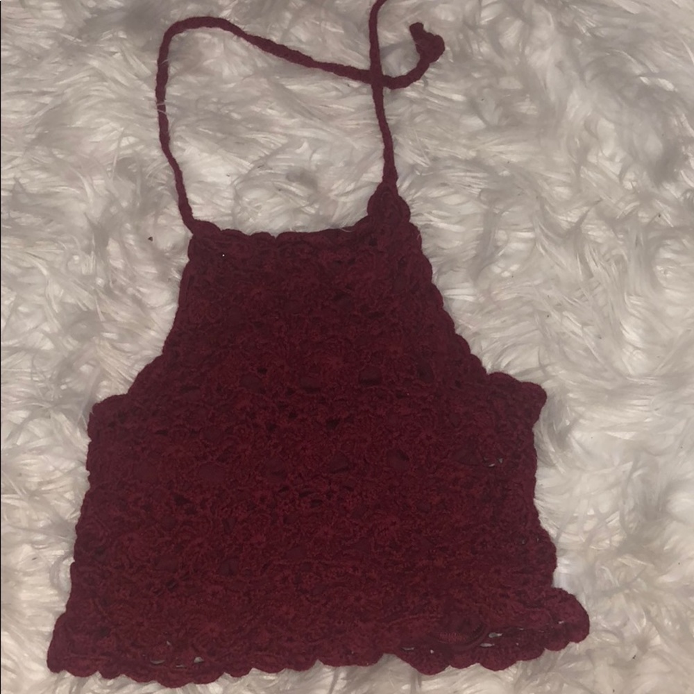 Red halter lace crop top